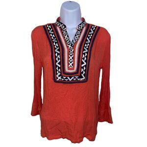 THML Embroidered Tunic Top Blouse Bohemian V Neck Long Sleeve‎ Coral Size Small